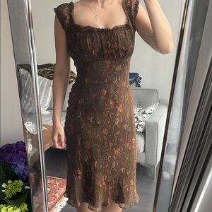 100% silk Shoshanna Brown Midi Dress with Rust Floral Print